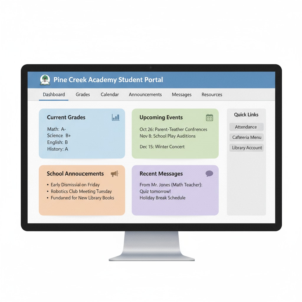 A screenshot of a traditional school communication portal with scattered information, showing different sections for various types of information like grades, events, and announcements. A traditional school communication portal with fragmented information related to school information systems, parent communication, and information management
