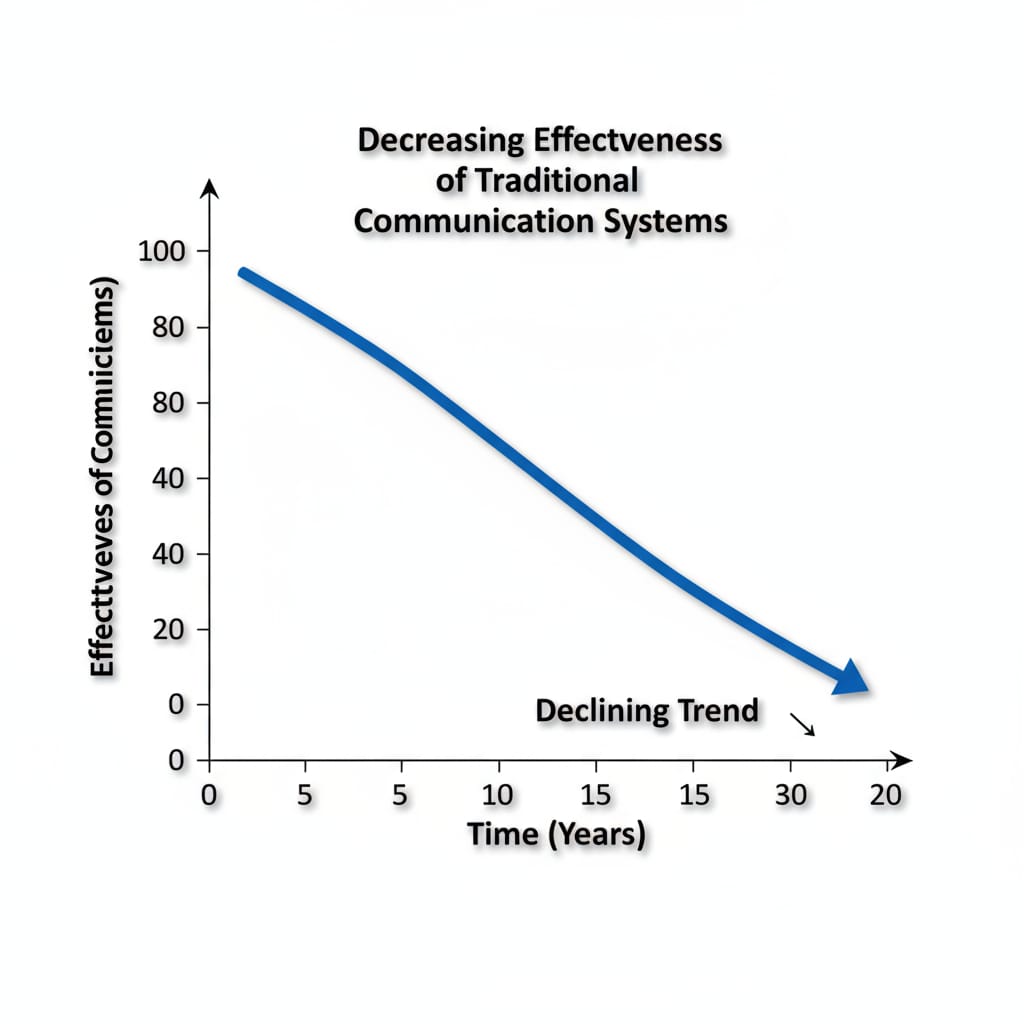 A graph showing the decreasing effectiveness of traditional communication systems over time, with the x-axis representing time and the y-axis representing effectiveness. A graph depicting the decline in effectiveness of traditional communication systems relevant to school information systems, parent communication, and information management