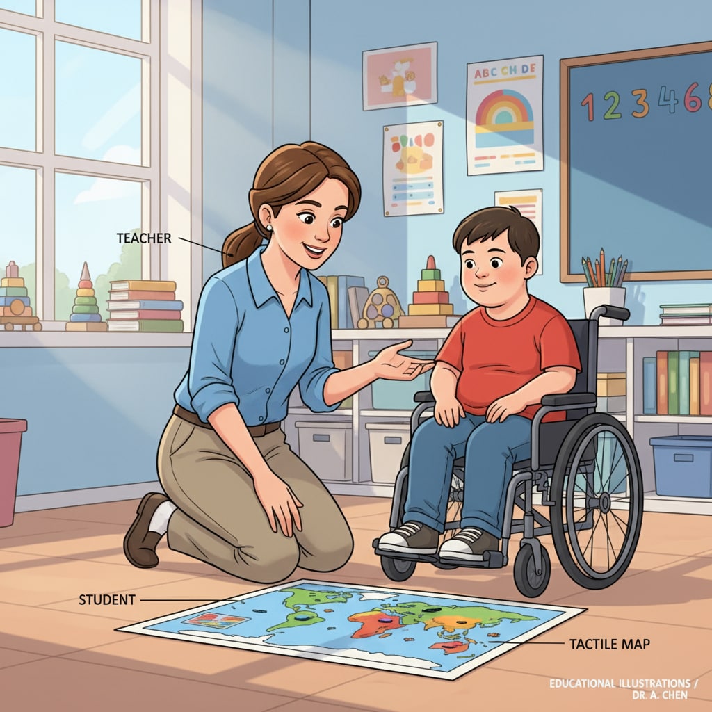 Teacher interacting with a student with special needs to give instructions in a junior high classroom