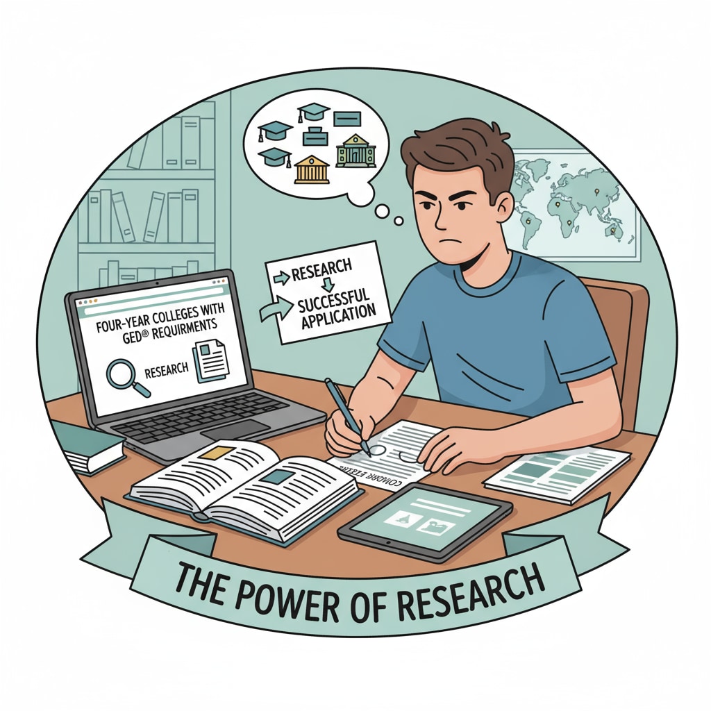 Student researching four - year college admission requirements for GED holders