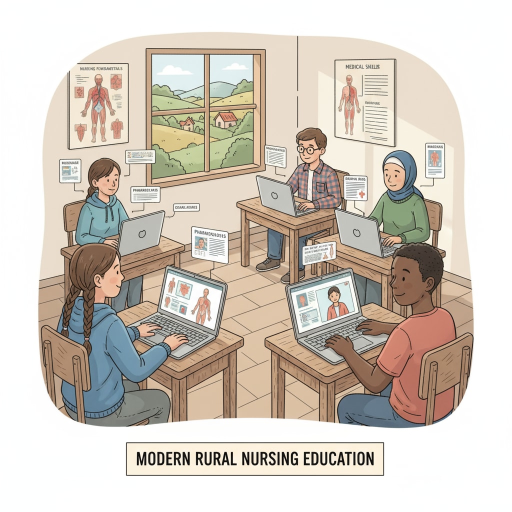 A group of rural students are sitting at their desks, concentrating on their laptops as they study nursing courses online. Rural students studying online nursing programs, SAT/ACT-free, reputable