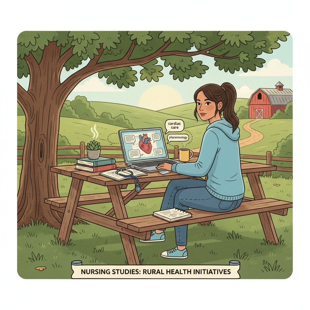 A single rural student is sitting in a rural setting, with a laptop open, engrossed in nursing studies. Rural student studying SAT/ACT-free, reputable online nursing degree program