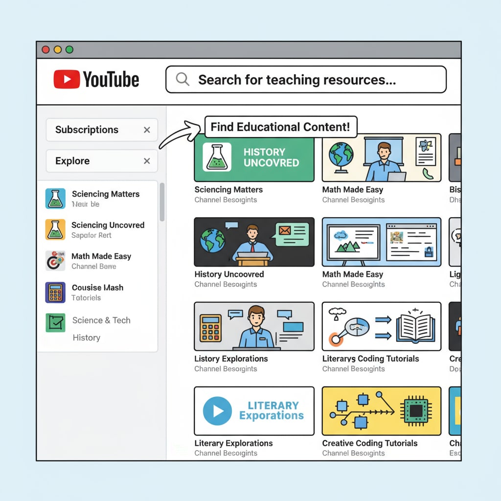 A screenshot of the YouTube homepage with educational channels and search bar visible, showing the potential to find teaching resources. YouTube homepage with search for K12 subject teaching resources