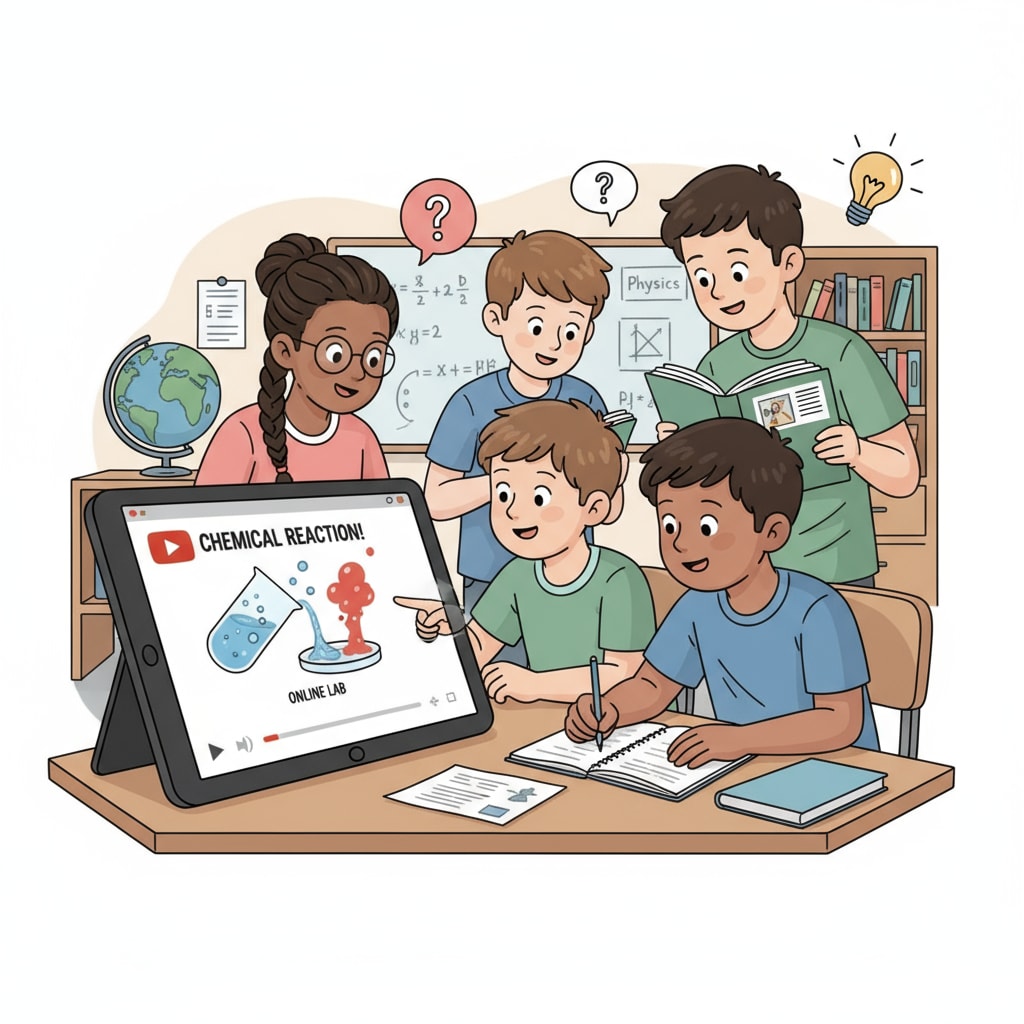 A group of students watching a science experiment video on YouTube, depicting an aspect of online learning. Students engaged in science online learning on YouTube
