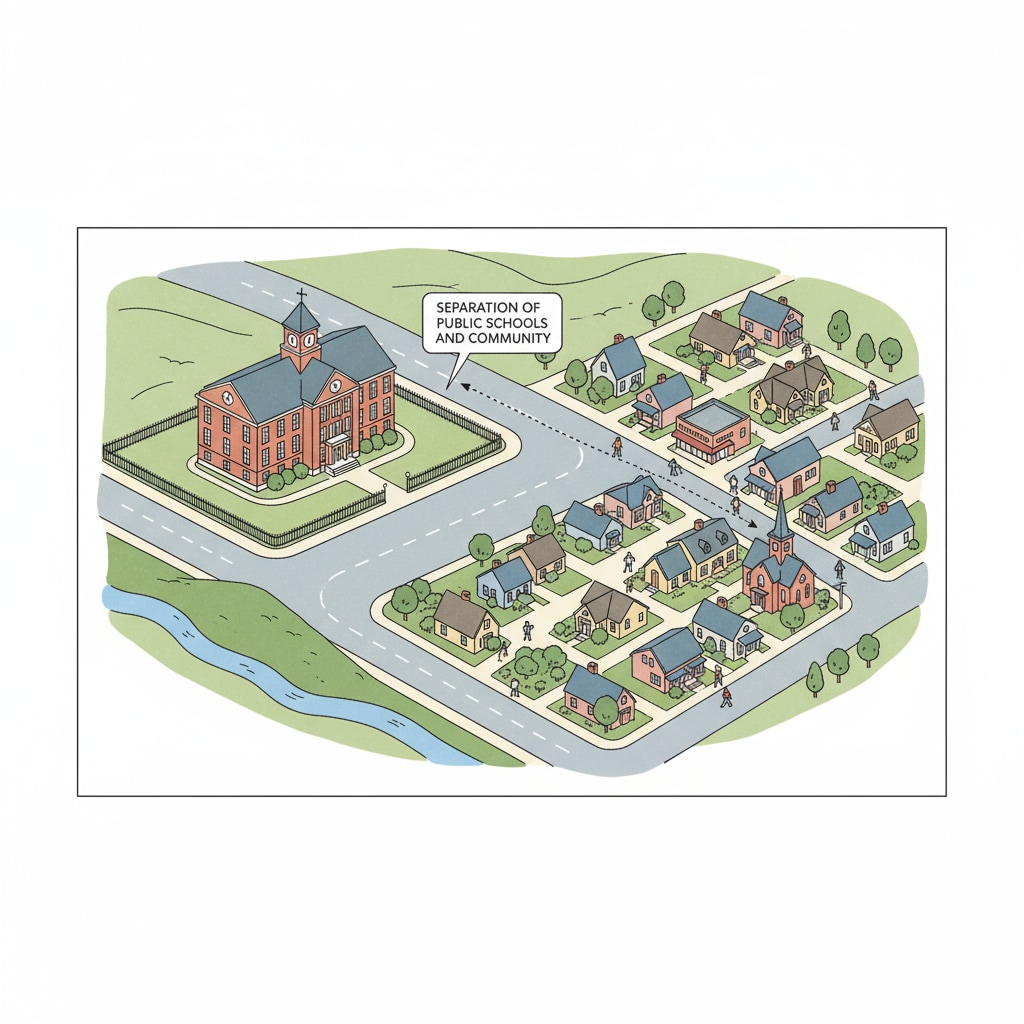 A view of a small town with a school building standing apart from the main community area, symbolizing the separation between public schools and the community. A small town with a separated school building representing public schools, community separation, and youth programs