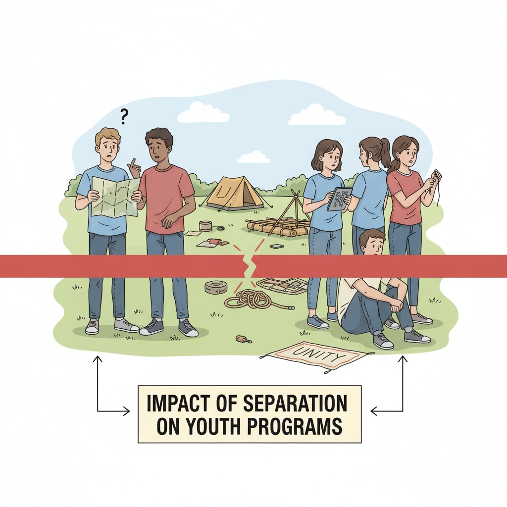 A group of teenagers looking a bit lost while participating in a youth program, highlighting the impact of the separation on youth programs. Teenagers in a youth program showing the effect of public schools, community separation, and youth programs