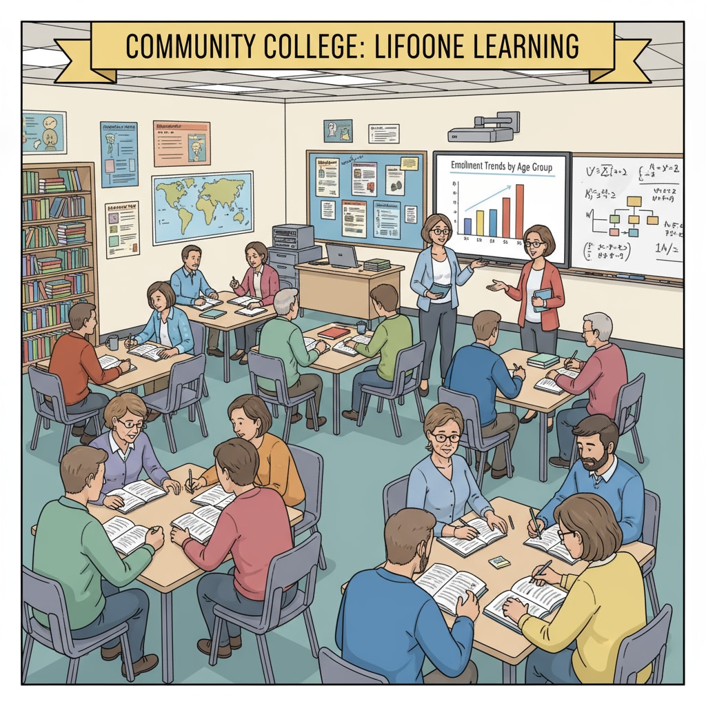This image depicts a classroom filled with adult students, engaged in learning activities, which is representative of the adult education environment in community colleges. Adult education classroom in a community college related to free high school diploma acquisition