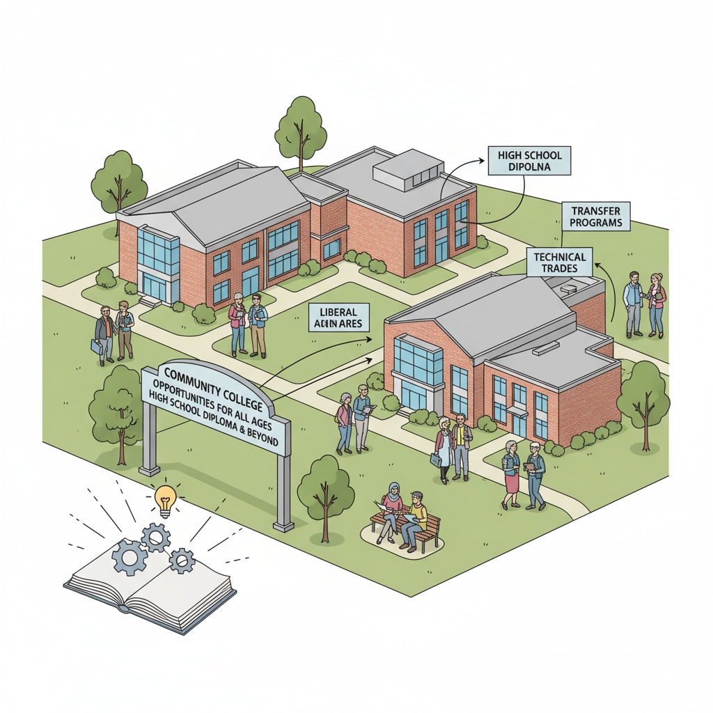 The picture shows a community college campus with adult students walking around, symbolizing the learning atmosphere and opportunities available at community colleges for obtaining a high school diploma. Community college campus scene with adult students relevant to free high school diploma education