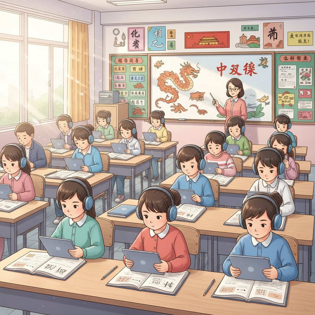 Students are sitting in a classroom, wearing headphones and listening attentively to audiobooks during a Chinese language class. Students listening to audiobooks in a Chinese language class to improve reading fluency