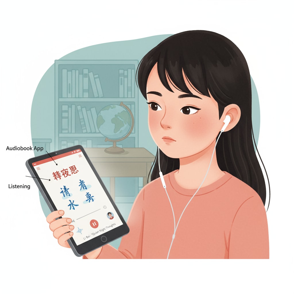 A student is holding a mobile device with an audiobook app open, listening to a Chinese poem with a thoughtful expression. A student using a mobile device to listen to an audiobook of a Chinese poem for language learning