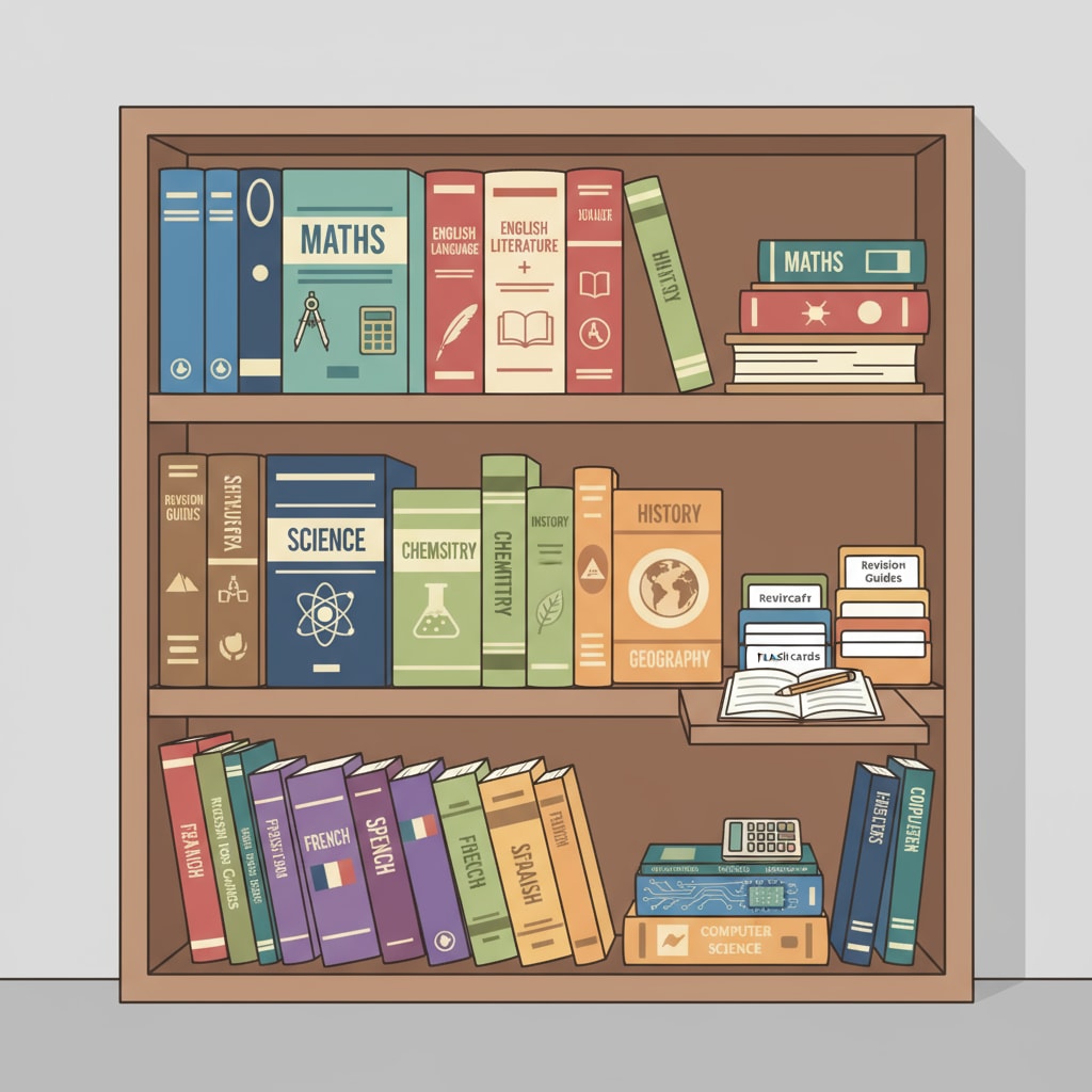 A bookshelf filled with various GCSE textbooks and study guides, showing different subjects' materials neatly arranged, indicating a rich source of learning resources for GCSE self-study. A bookshelf of GCSE textbooks and study guides for self-study