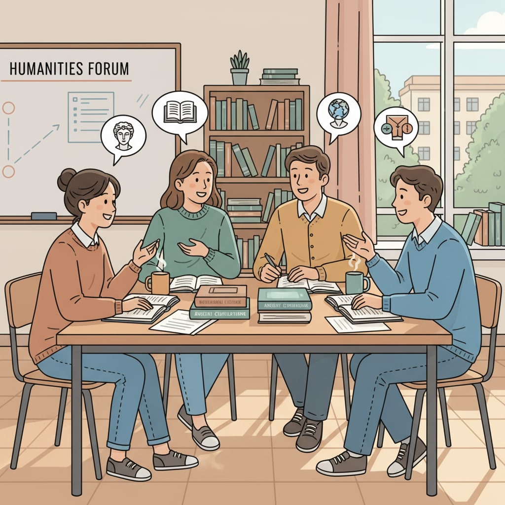 A group of students discussing in a classroom, with books related to humanities subjects on the table. The students are engaged in a lively conversation, perhaps debating ideas from literature, history, or philosophy. Students discussing humanities subjects in a classroom, highlighting the connection between humanities education and the job market.