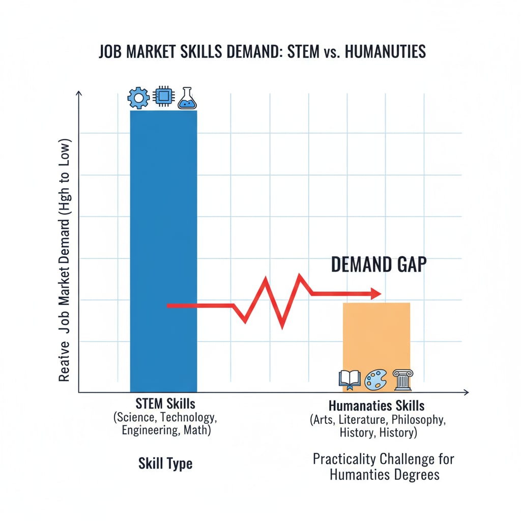 A graph showing the demand for different types of skills in the job market, with STEM skills having a higher demand compared to humanities skills. The graph clearly illustrates the gap between the two, which is relevant to the discussion of the practicality challenges of humanities degrees. Graph depicting the difference in demand for STEM and humanities skills in the job market, emphasizing the practicality challenges faced by humanities degrees.