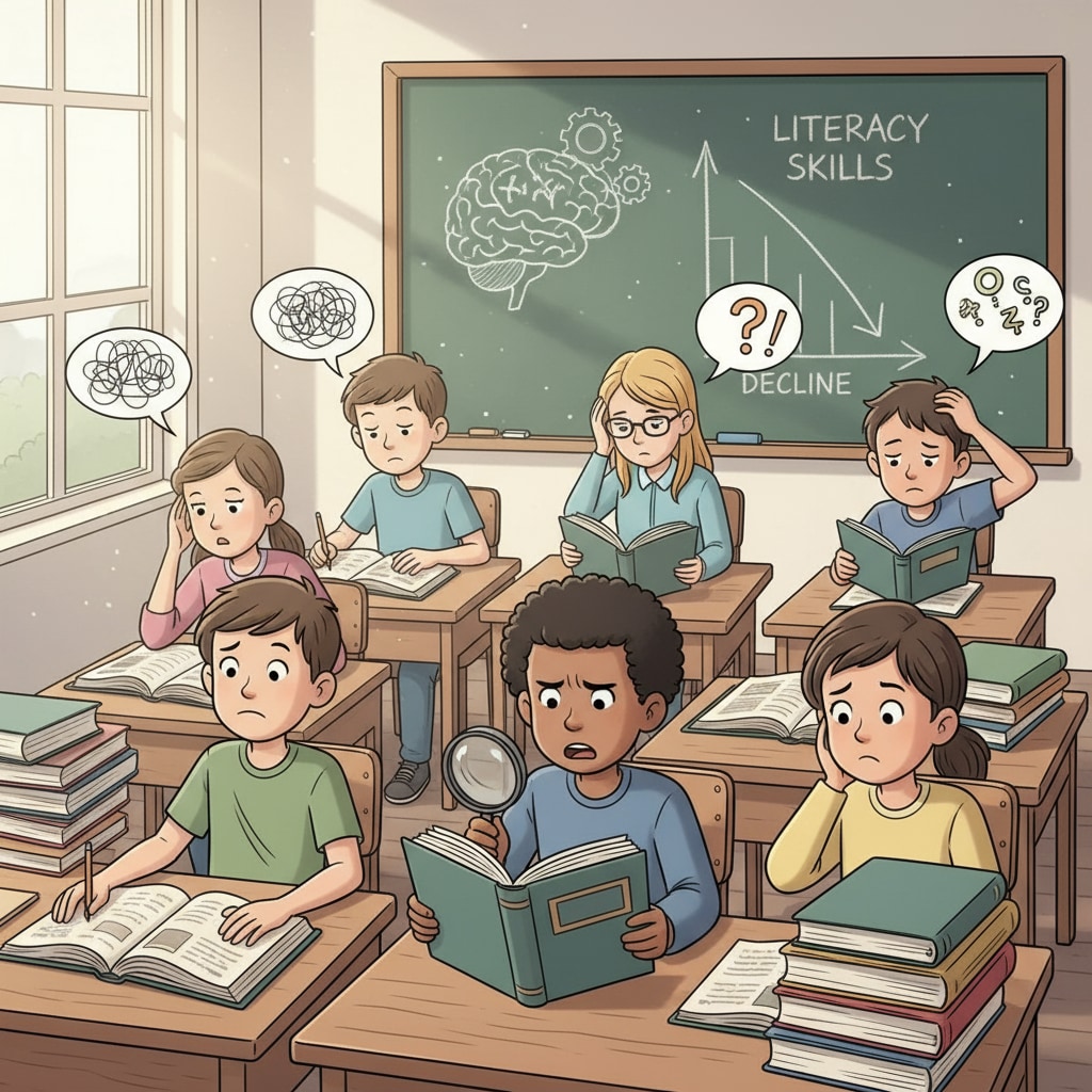 A group of students sitting at desks, looking confused while trying to read textbooks. This shows the struggle of students with reading materials, which is related to the decline in literacy skills. Students facing difficulties in reading, related to literacy, democracy, and the post-literate society