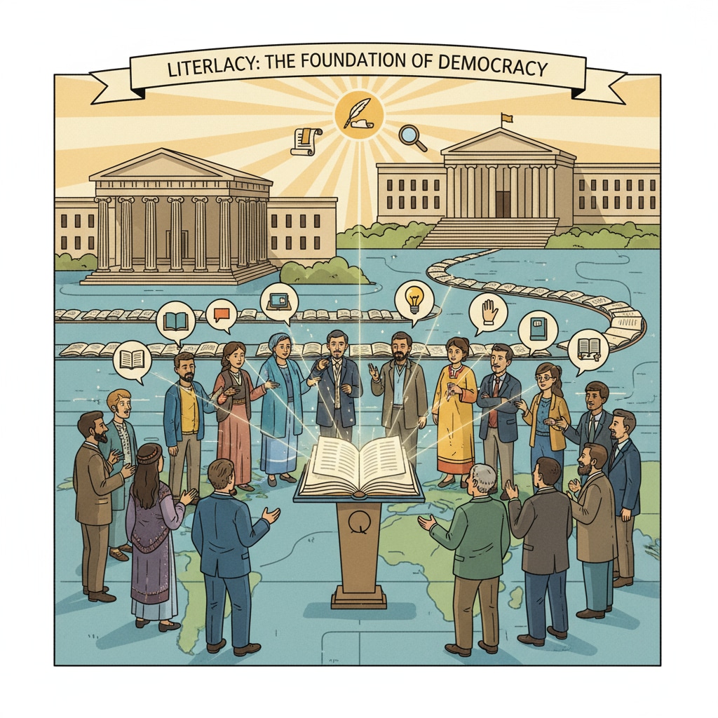 A group of people standing in an open area, engaged in a discussion, representing democratic assembly. This is relevant to the impact of literacy on democratic participation. People participating in a democratic discussion, highlighting the connection with literacy, democracy, and the post-literate society
