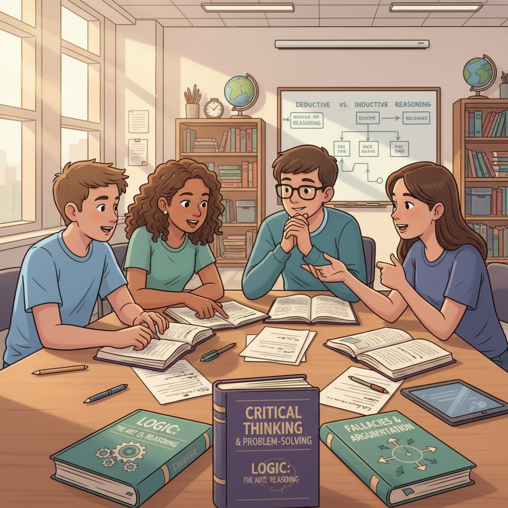 A group of high school students engaged in a discussion in a classroom. There are books related to logic and critical thinking placed on the table in front of them. High school students discussing logical fallacies and critical thinking in a classroom