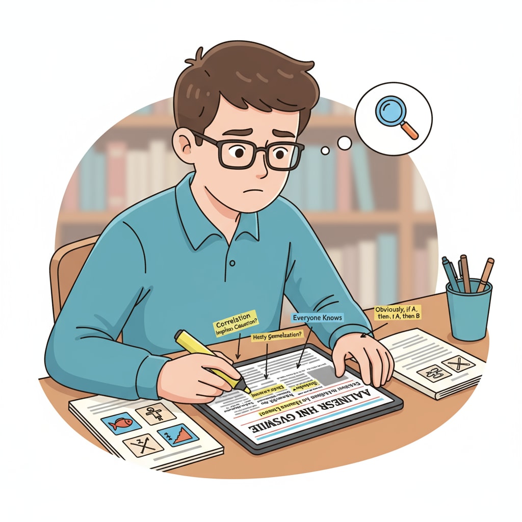 A student is carefully analyzing a news article. The student has a critical expression and is highlighting parts of the article that might contain logical fallacies. A student analyzing a news article for logical fallacies and demonstrating critical thinking