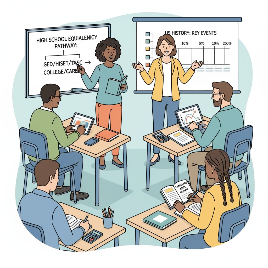 An image depicting adults in a classroom setting, engaged in learning activities related to high school equivalency. Adult learners in a high school equivalency class