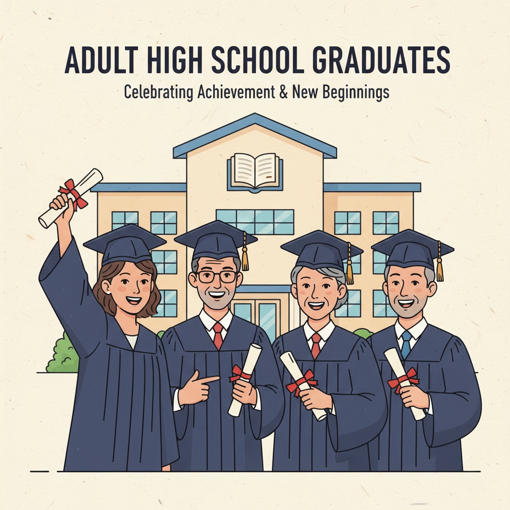 A photo of a group of adult students beaming with joy as they hold their high school diplomas, celebrating their achievement. Adult students celebrating their high school diplomas