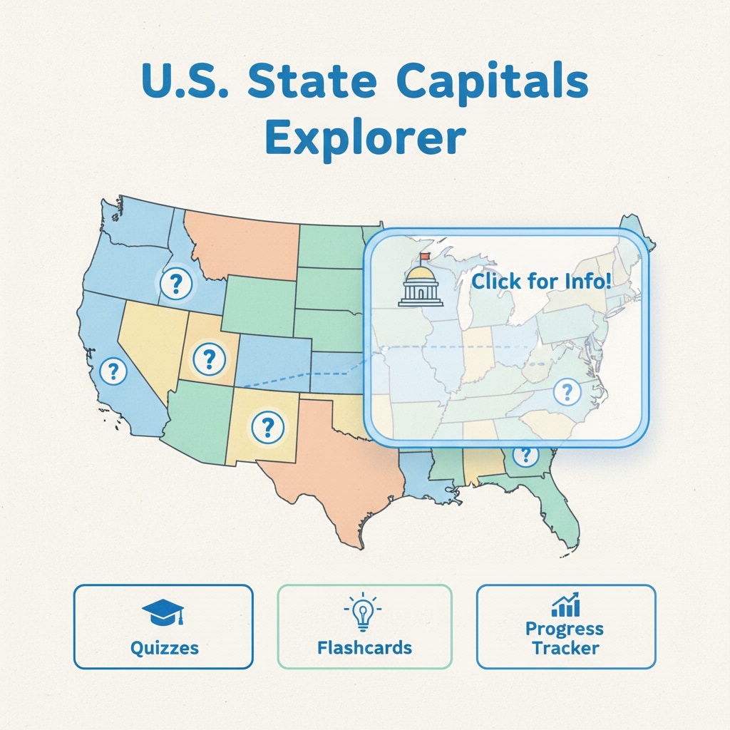 A screenshot of a state capital learning app showing interactive features like clickable maps and pop-up information boxes. State capital learning app with interactive features for geography education and receiving educational feedback