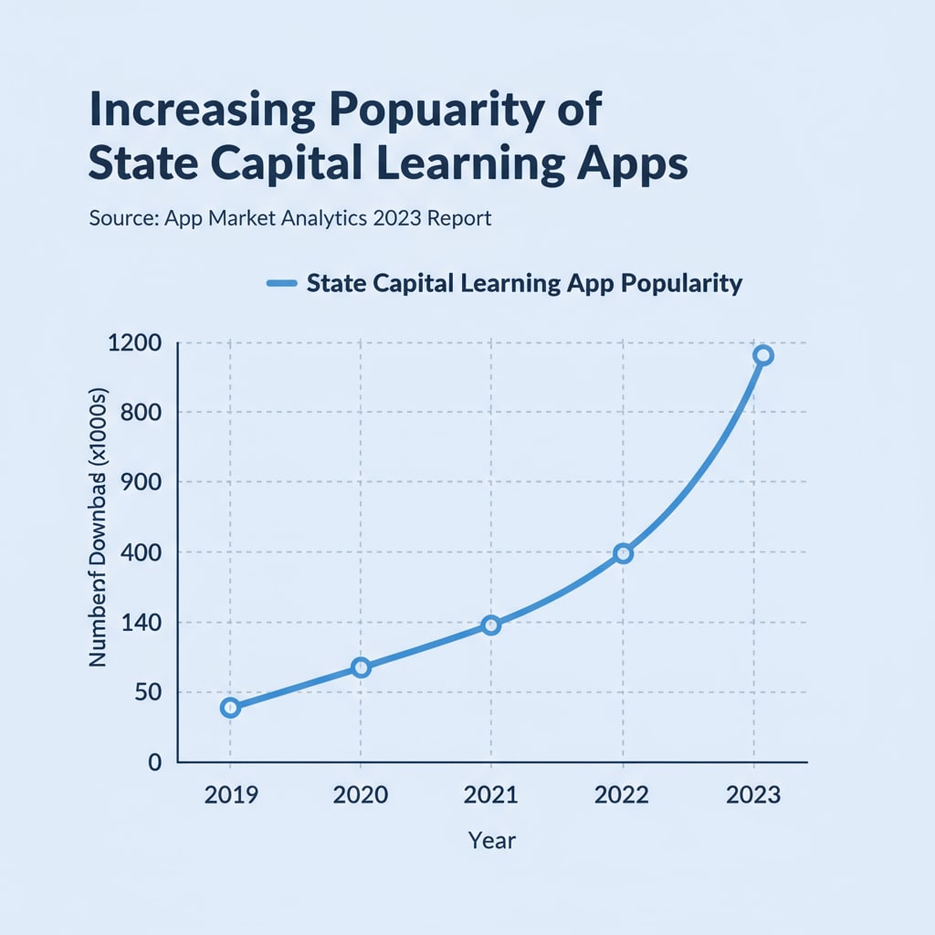 A line graph depicting the increasing popularity of state capital learning apps over a period of five years, with the number of downloads on the y-axis and years on the x-axis. Graph showing the growth in the use of state capital learning apps for geography education and related educational feedback