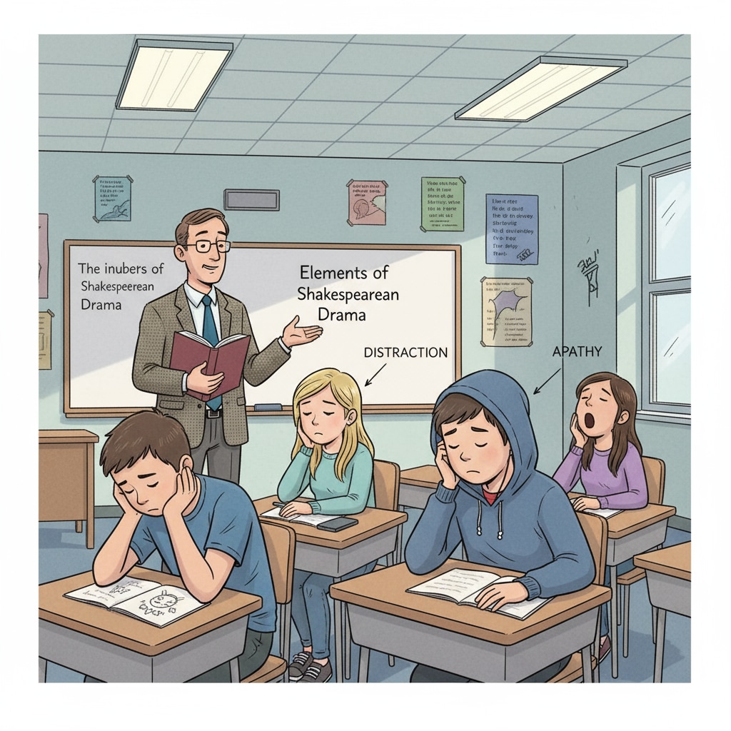 A group of Grade 9 students looking uninterested in an English class. Grade 9 students' lackluster learning experience in an English course related to literary works.