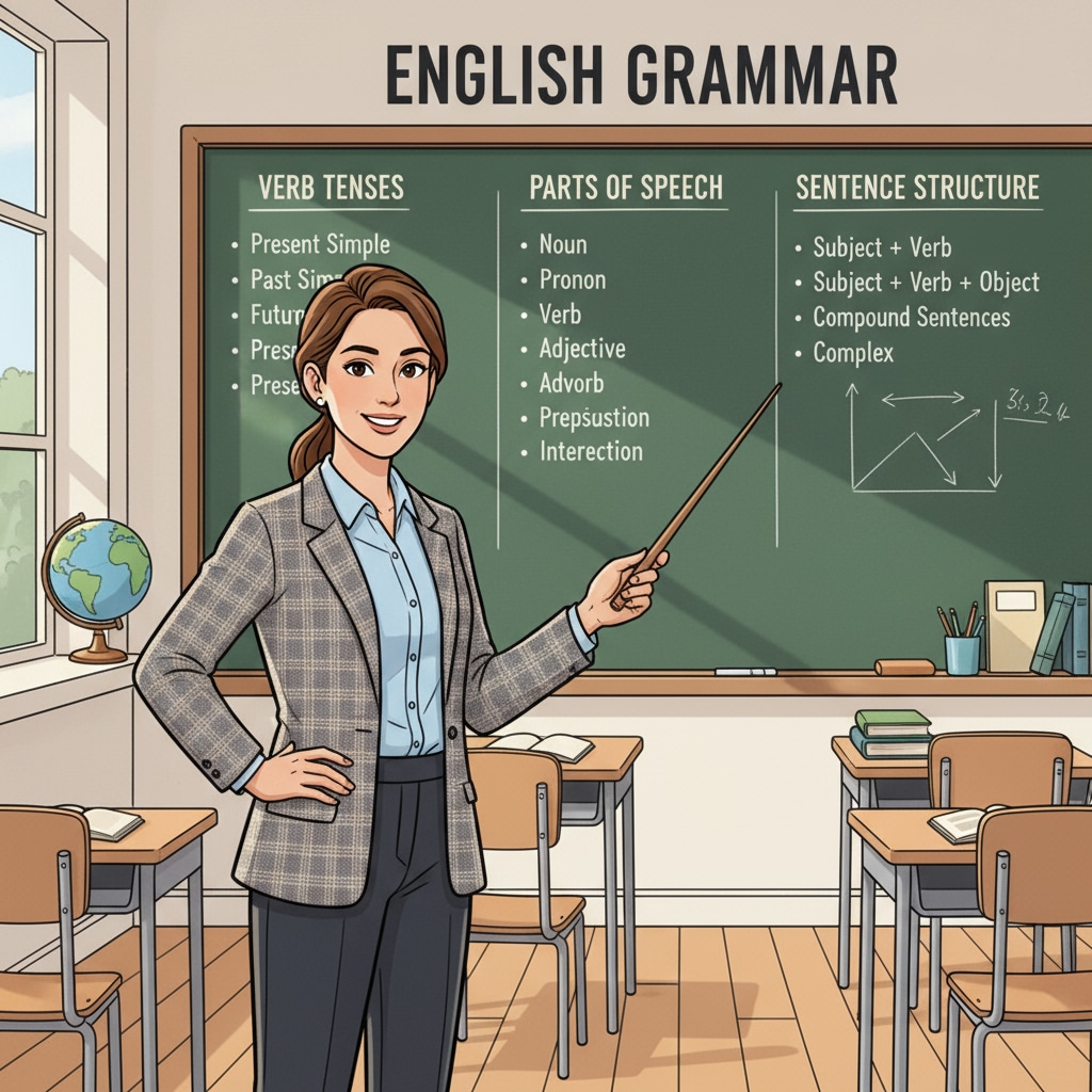 A teacher standing in front of a blackboard with English grammar notes. A teacher's teaching practice in a Grade 9 English course, related to the learning experience of literary works.