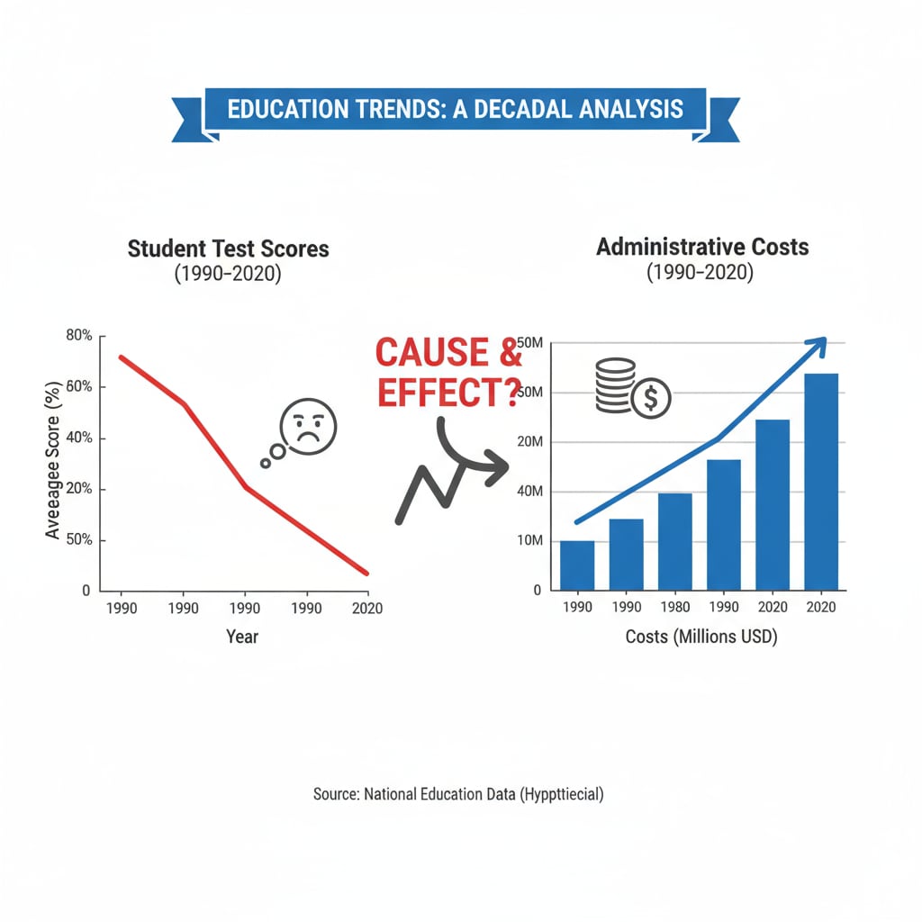 A graph depicting the decline in student test scores over the years as administrative costs increase Graph showing the negative relationship between increasing administrative costs and declining student test scores in education funding allocation