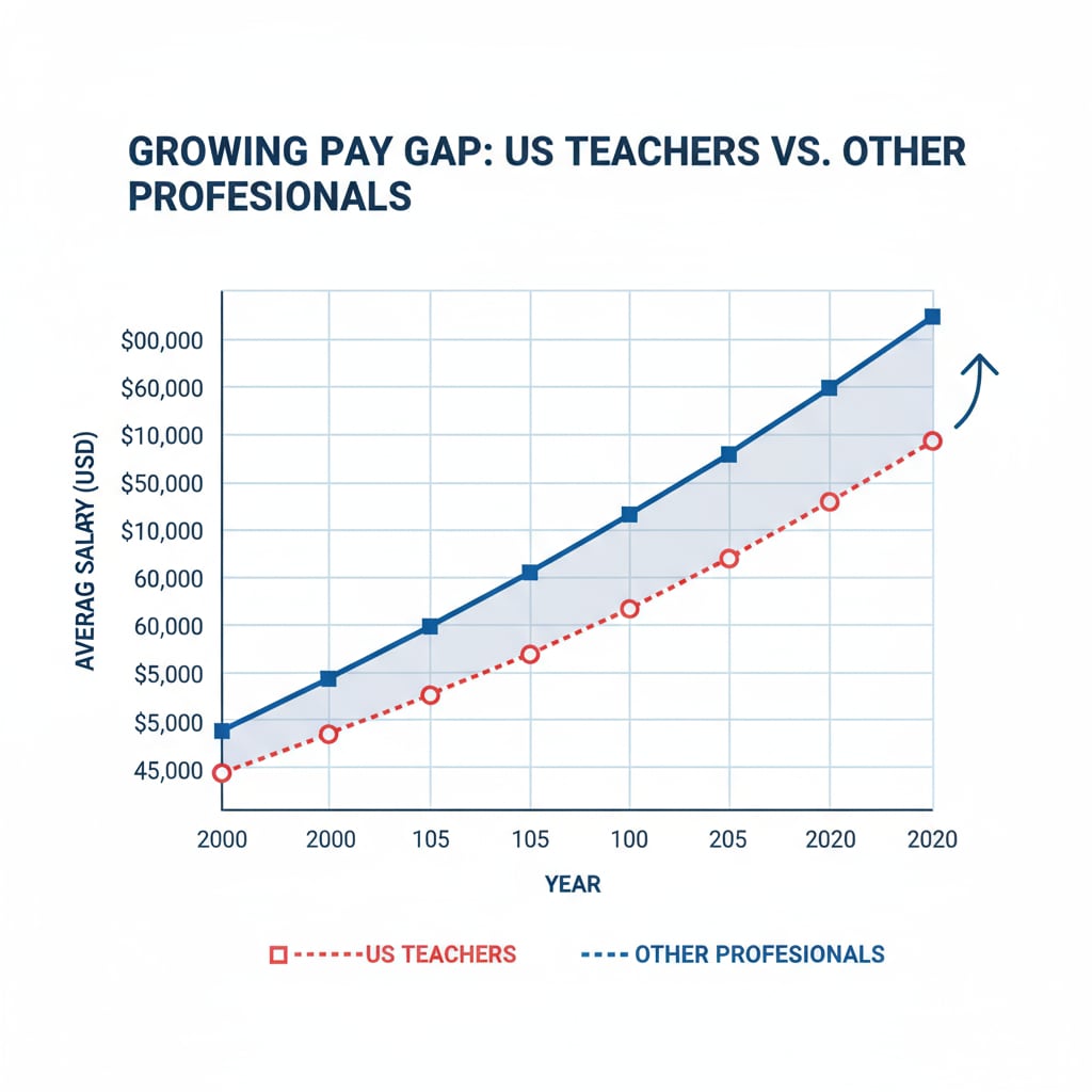 A graph that visually depicts the upward trend of the pay gap between US teachers and other college - educated professionals over a span of several years. Graph showing the increasing pay gap related to teacher salaries, income gap, and teacher shortage in the US
