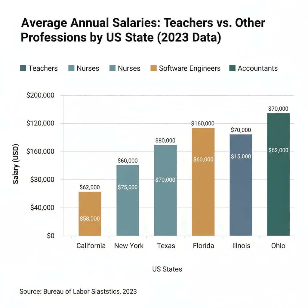 A bar chart comparing the average annual salaries of teachers and various other professions across different states in the United States. Bar chart showing salary differences relevant to teacher salaries, income gap, and teacher shortage in different US states