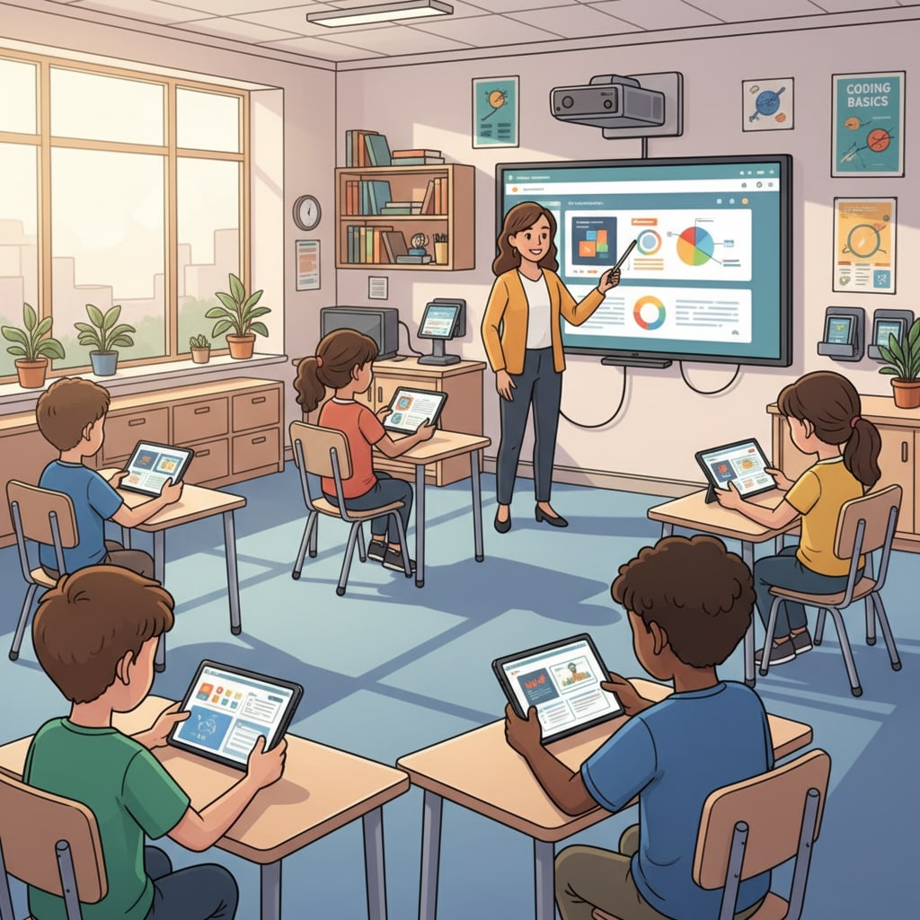 A classroom scene where students are using tablets for learning, representing the integration of modern technology in education. Educational innovation in a primary school classroom with students using tablets.
