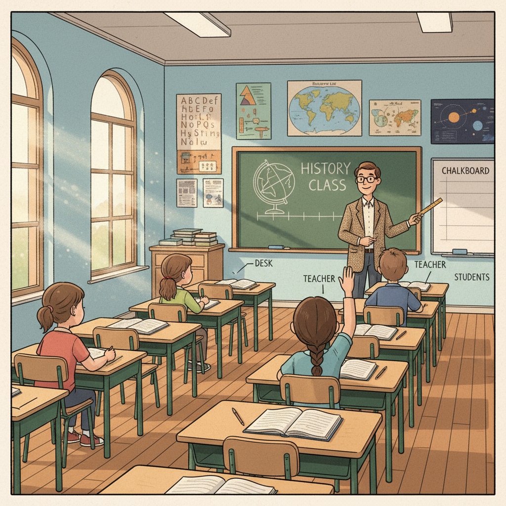 A traditional classroom with desks arranged in rows, symbolizing the old-fashioned teaching environment. A traditional primary school classroom setup.