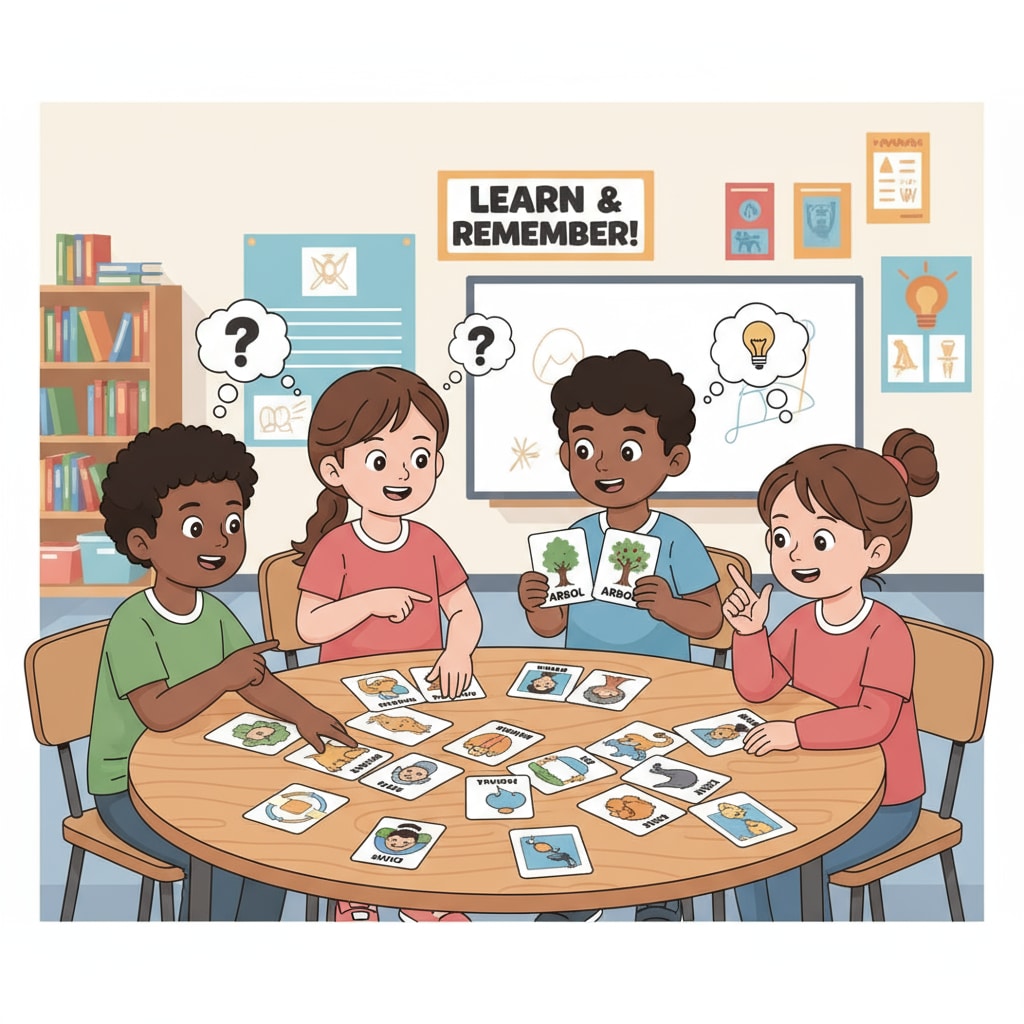A group of K12 students are sitting around a table, playing a memory card game. They are looking at the cards carefully, trying to match the pictures or words on them. K12 students engaged in a memory - enhancing activity for memory development and improvement