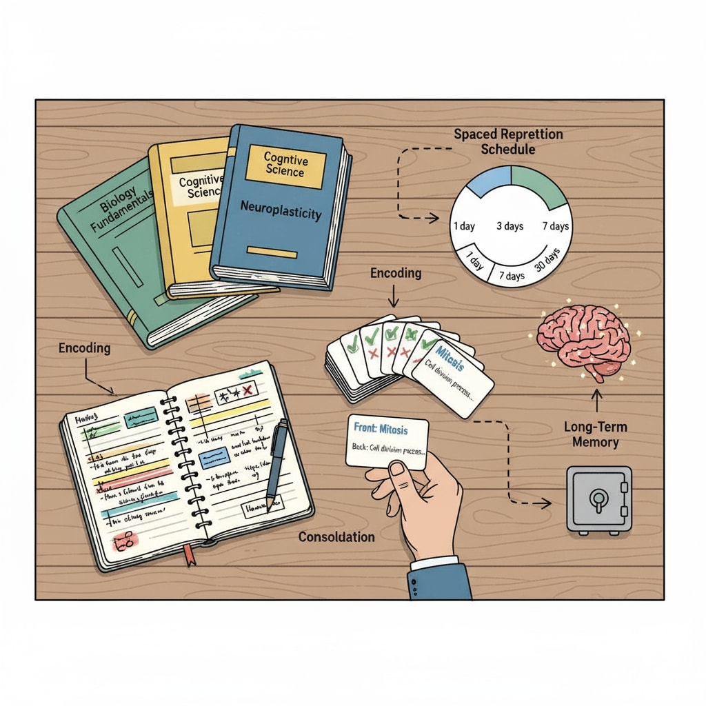 A high school student is sitting at a desk, using flashcards to practice spaced repetition. There are notes and books beside the flashcards, indicating the process of encoding information into long - term memory. High school student using memory improvement techniques for better memory development