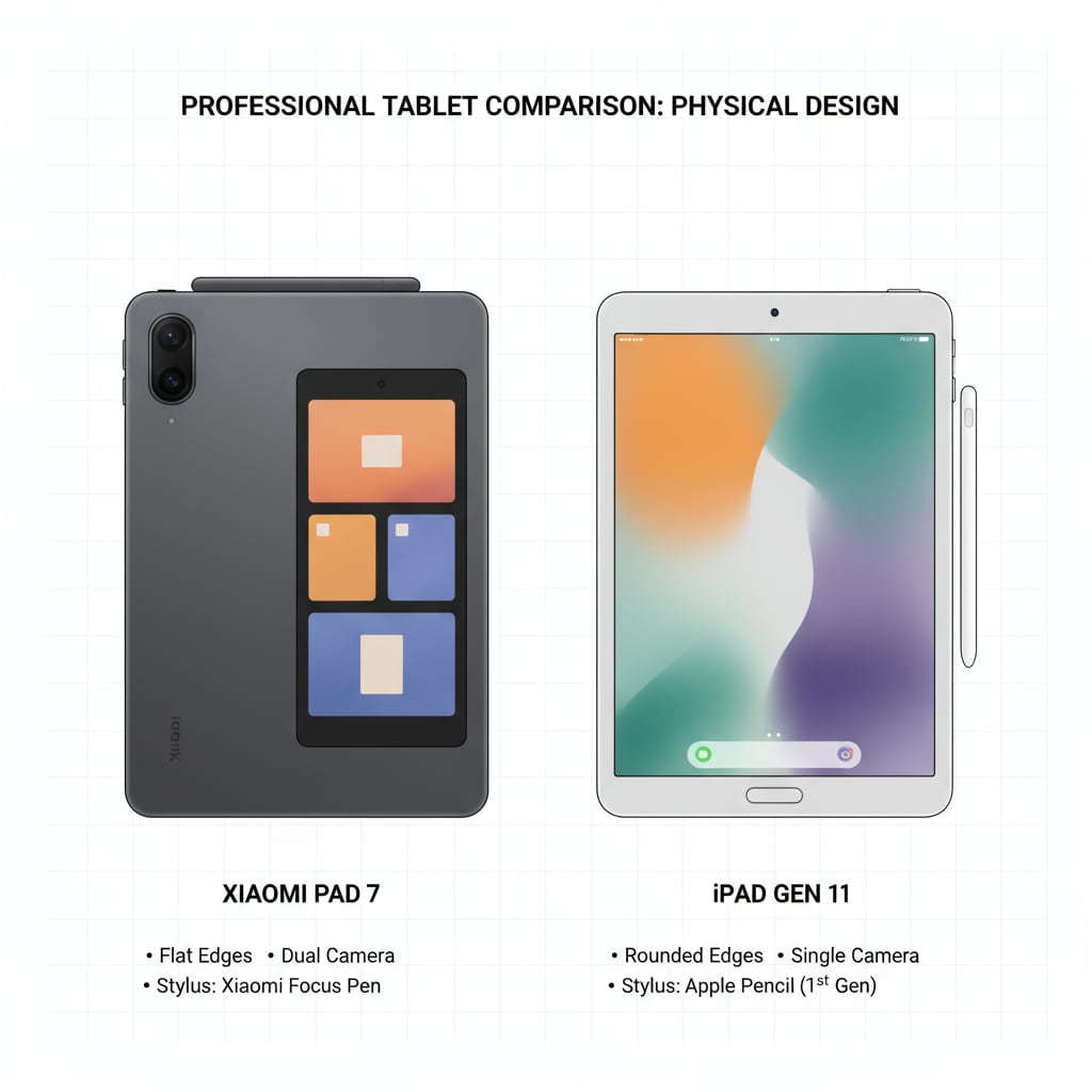 Side-by-side comparison of Xiaomi Pad 7 and iPad Gen 11, highlighting their physical appearance. Comparison of Xiaomi Pad 7 and iPad Gen 11 for tablet selection in learning needs and device comparison