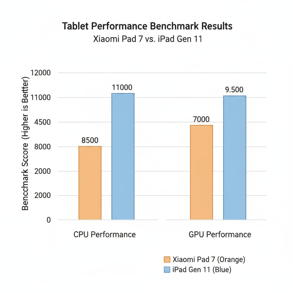 Benchmark test results graph showing the performance differences between Xiaomi Pad 7 and iPad Gen 11. Performance comparison of Xiaomi Pad 7 and iPad Gen 11 for learning needs tablet selection