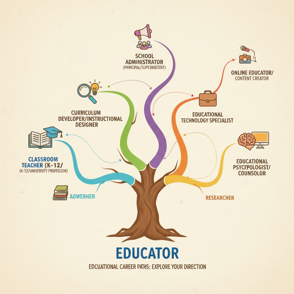 An illustration depicting different educational career paths branching out to show the various directions educators can take. Educational career paths related to educational master's, career development, and curriculum design