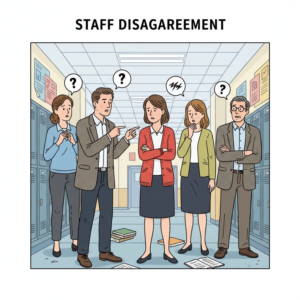 Teachers in conflict in a school corridor, highlighting teacher conflicts, workplace harassment, and management dilemmas.