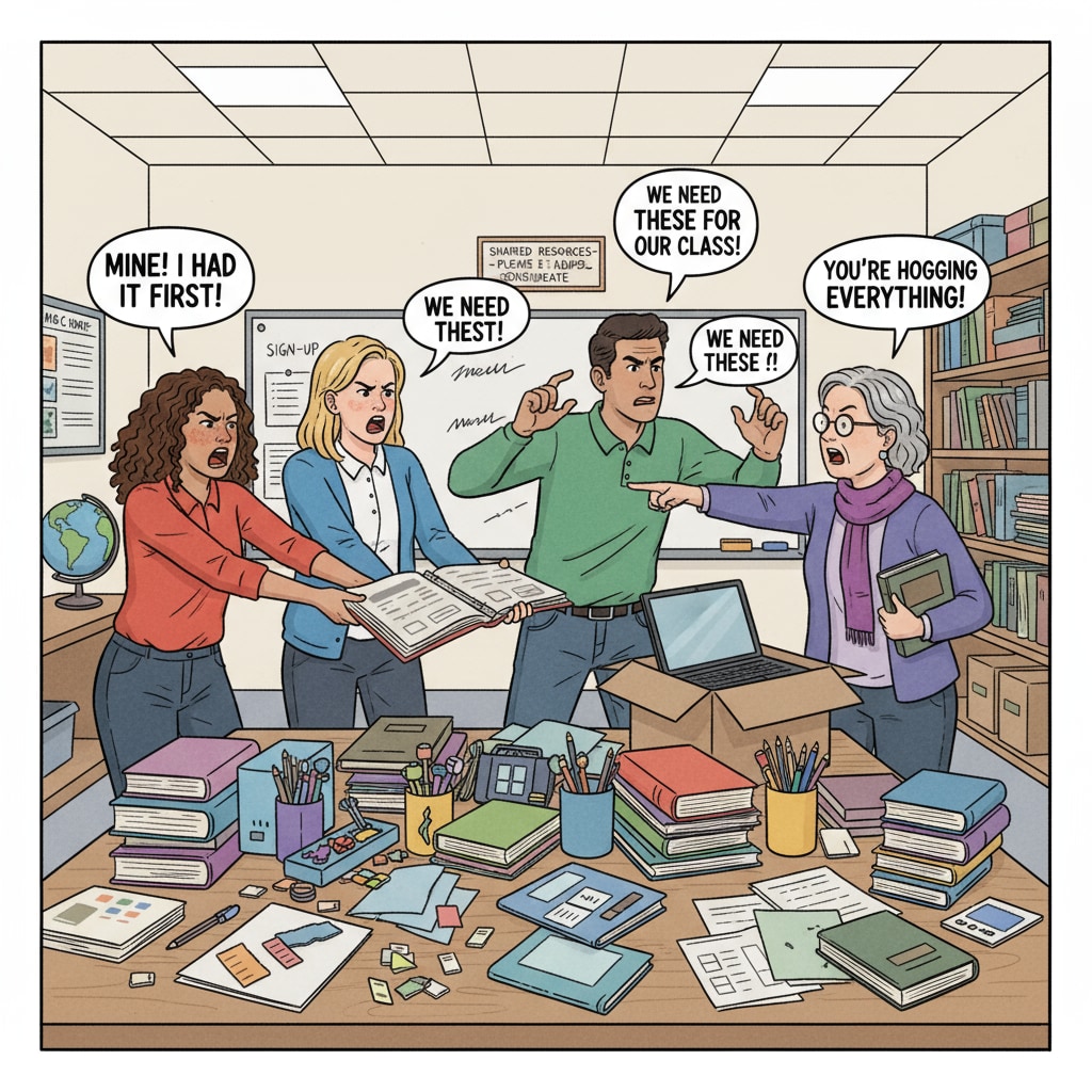 Teachers arguing over resources, related to teacher conflicts, workplace harassment, and management dilemmas.