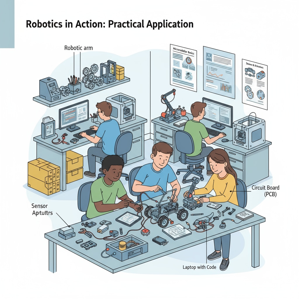 A group of students collaborating on a robotics project in a well-equipped laboratory, highlighting the practical aspect of robotics education. Students working on a robotics project in a lab, related to robotics master's, studying abroad, and education costs