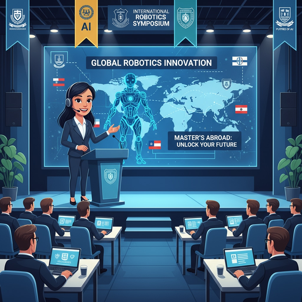A student confidently presenting their robotics research project at an international conference, demonstrating the opportunities that a robotics master's abroad can offer. Student presenting a robotics research project at an international conference, linked to robotics master's, studying abroad, and education costs