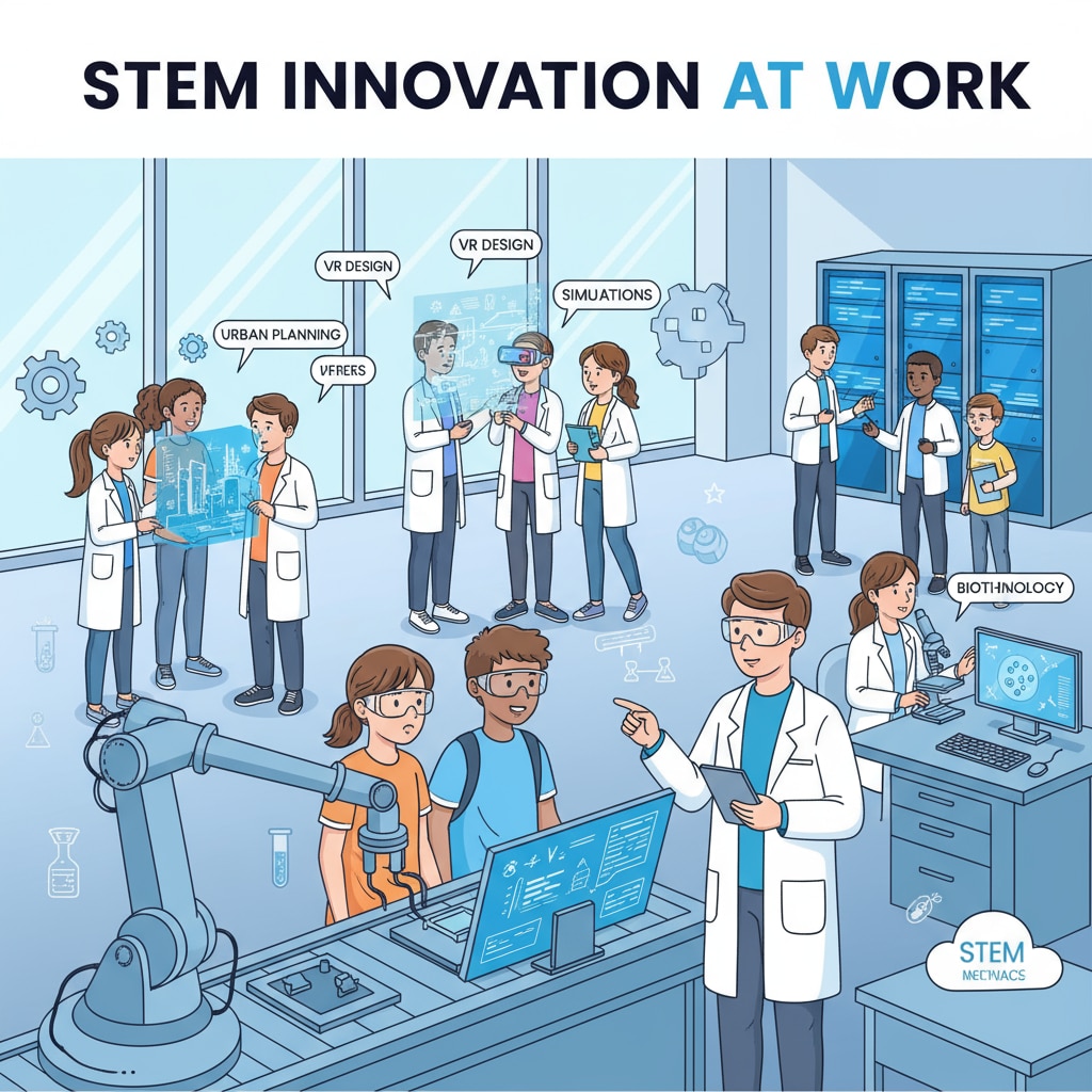Students are visiting an enterprise. They are observing how STEM concepts are applied in the workplace, interacting with employees, and learning about different technologies. Students learning about STEM applications in the workplace as part of STEM education partnerships