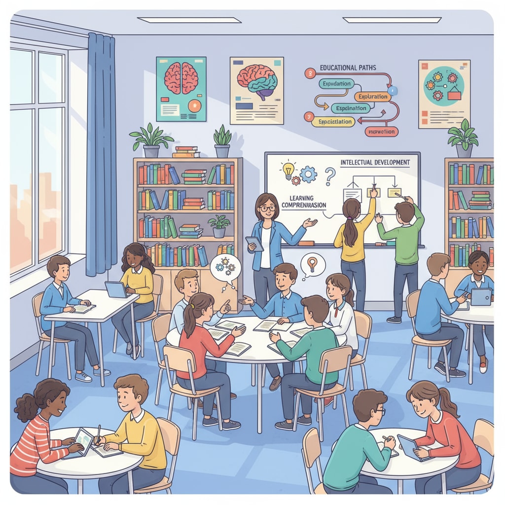 A classroom scene with students actively participating in learning activities, such as discussions and group work, representing the dynamic nature of the learning environment related to learning comprehension, intellectual development, and educational paths. Classroom scene showcasing learning comprehension, intellectual development, and educational paths