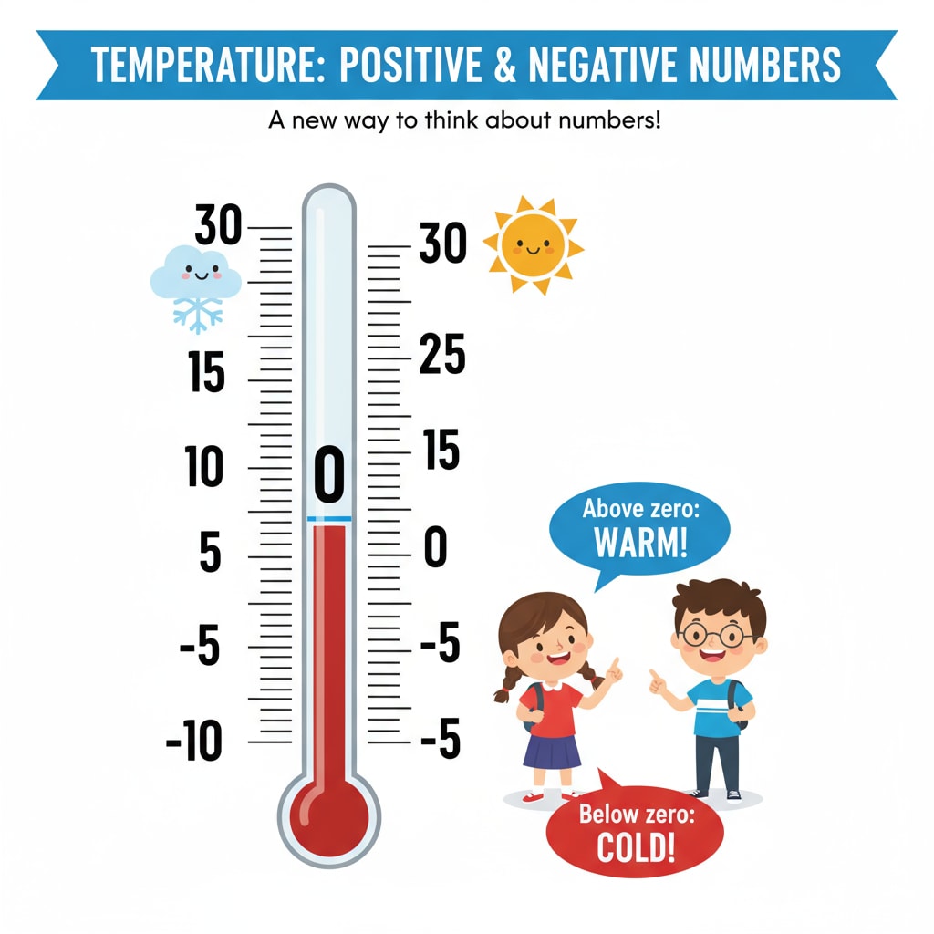 An illustration showing a thermometer with positive and negative numbers to represent temperature, which is a common way to introduce negative numbers to fourth graders Thermometer with positive and negative numbers for fourth graders' math understanding