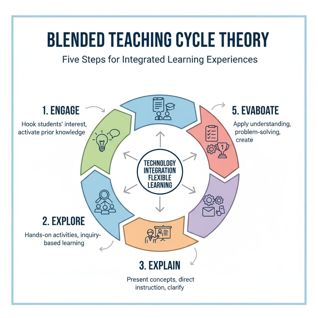 A diagram showing the five steps of the Blended Teaching Cycle Theory, including Engage, Explore, Explain, Elaborate, and Evaluate. A visual representation of the Blended Teaching Cycle Theory steps