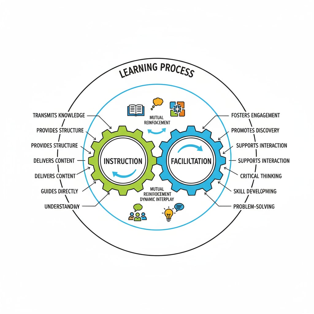 A graphic depicting how instruction and facilitation interact and complement each other in the learning process. An illustration showing the relationship between instruction and facilitation