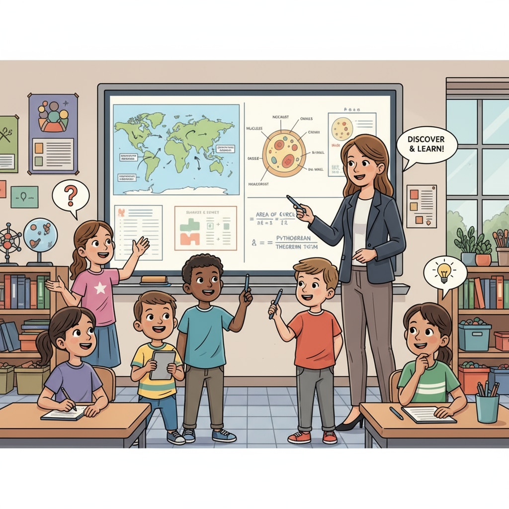 An interactive whiteboard is being utilized in a classroom setting. Students are gathered around, showing high levels of engagement, and the teacher is using it to display various educational materials, which is a great example of educational technology enhancing classroom engagement. Interactive whiteboard in use for educational purposes, promoting classroom engagement and utilizing educational technology