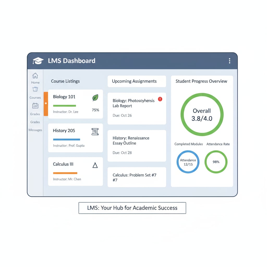 A screenshot of a learning management system's dashboard is presented. It clearly shows different elements such as course listings, assignment details, and indicators of student progress, highlighting its role as an important learning tool in the educational technology ecosystem. Screenshot of a learning management system dashboard for educational use, emphasizing its significance as a learning tool in educational technology