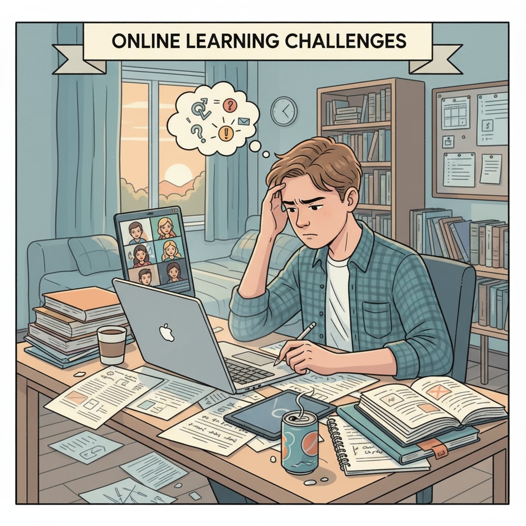 A teenager is sitting at a desk in front of a laptop. There are books and papers scattered around. The teenager has a slightly furrowed brow, indicating stress while attempting to study in an online school environment. A stressed teenager studying in an online school setting