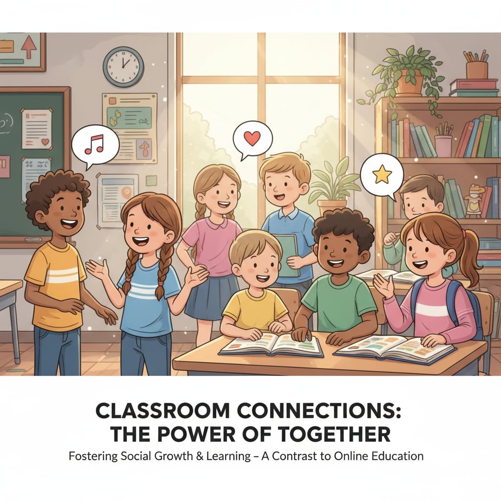 A group of students are gathered in a classroom. They are chatting and smiling, engaged in friendly conversation. This represents the social interaction present in a traditional classroom, which is lacking in online learning. Students interacting in a traditional classroom, highlighting the contrast with online learning